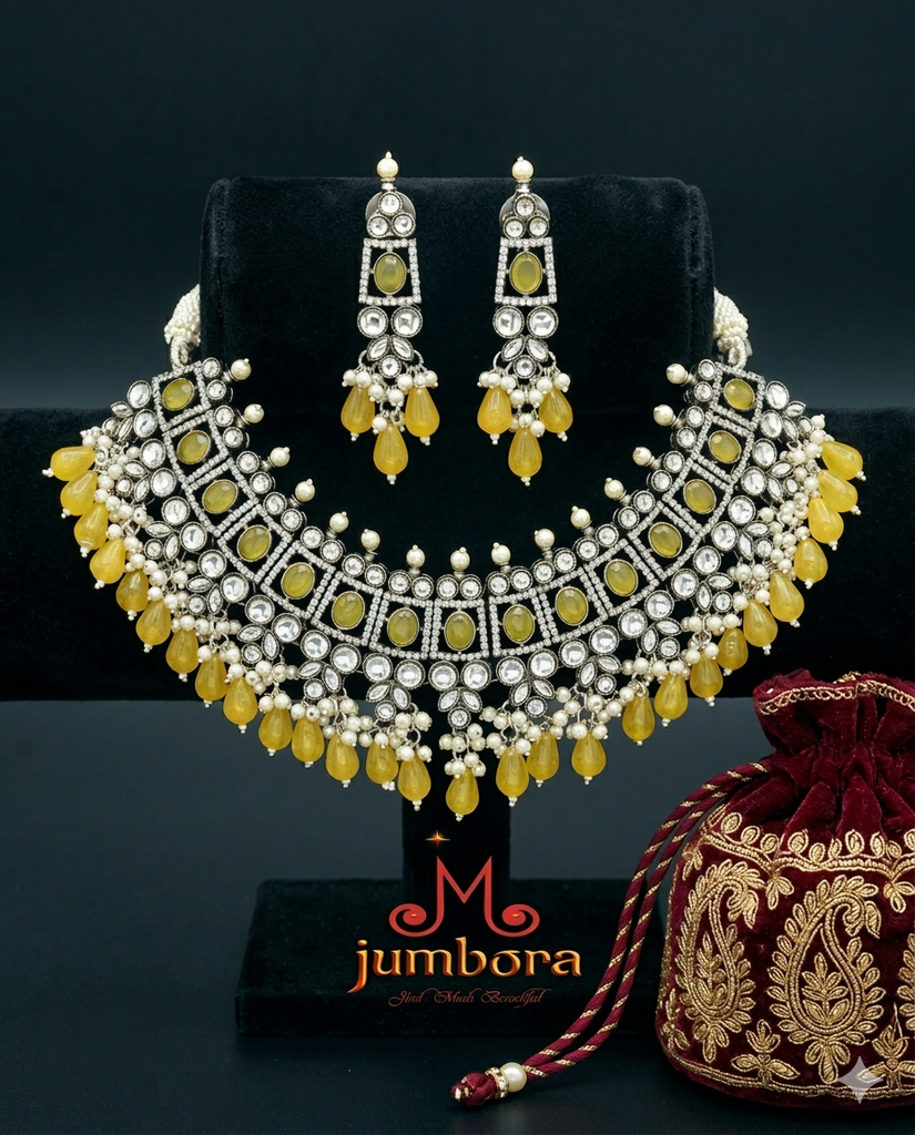 Victorian Kundan Monalisa Yellow & Black AD Zircon Bridal Necklace