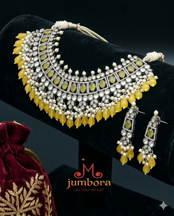Victorian Kundan Monalisa Yellow & Black AD Zircon Bridal Necklace Side view 