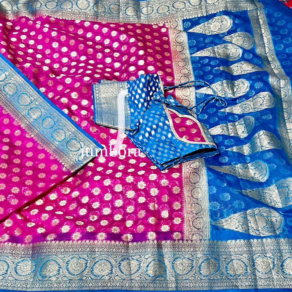 Pink & Blue Kora Banarasi Silk Saree with Stitched Blouse