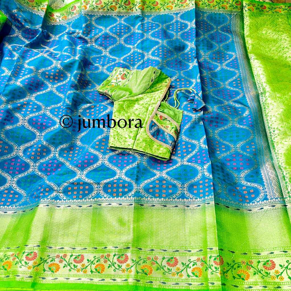 Blue & Parrot Green Banarasi Dupion Silk Saree with Stitched Blouse