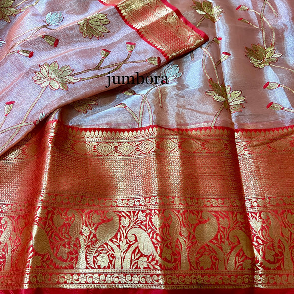 Onion Pink & Red Soft Kanchi Style Tissue Silk Saree with Stitched Blouse