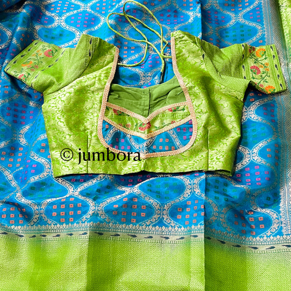 Blue & Parrot Green Banarasi Dupion Silk Saree with Stitched Blouse