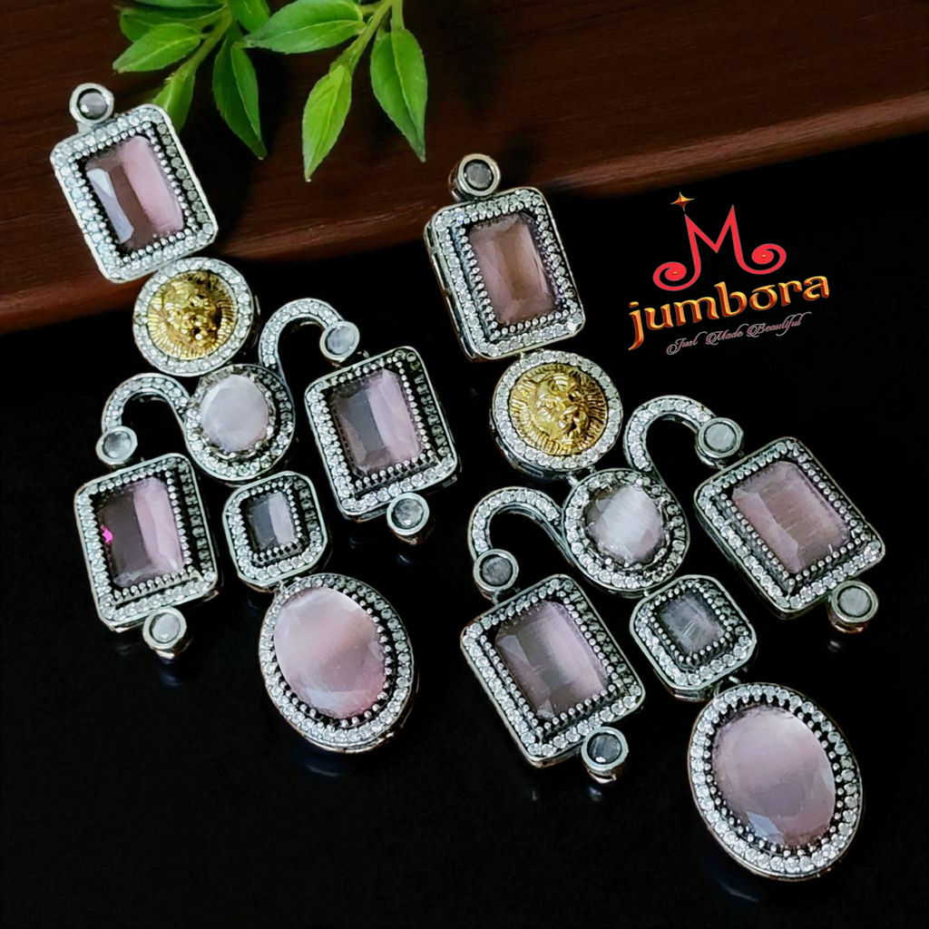 Sabyasachi Inspired Pink Long CZ AD Zircon Victorian Earring