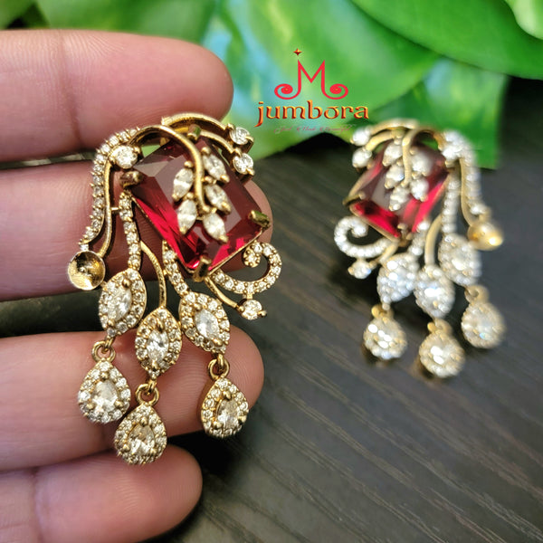 Burgandy Red & White AD Zircon Victorian Stud Earring