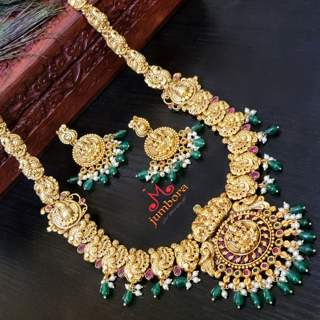 Lakshmi Kemp Peacock Nakshi Long Necklace in Temple Jewelry