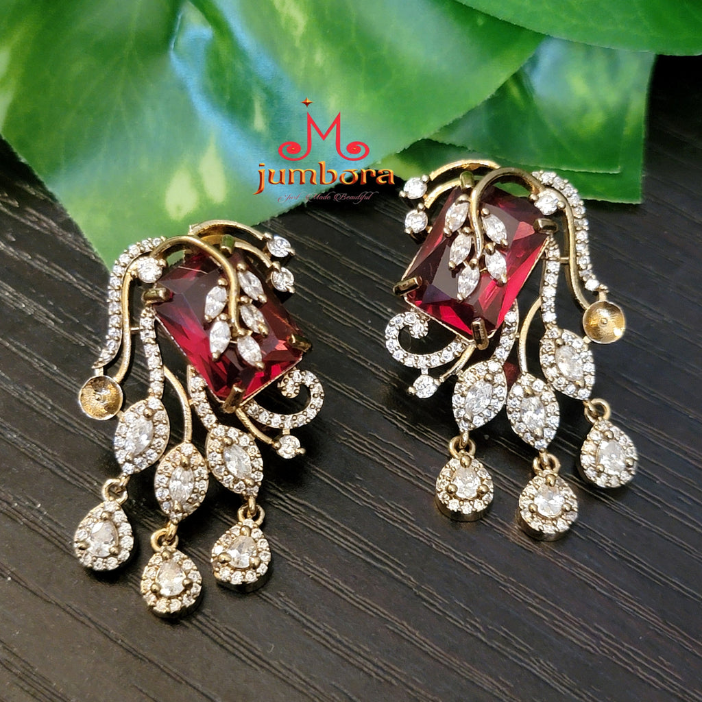 Burgandy Red & White AD Zircon Victorian Stud Earring