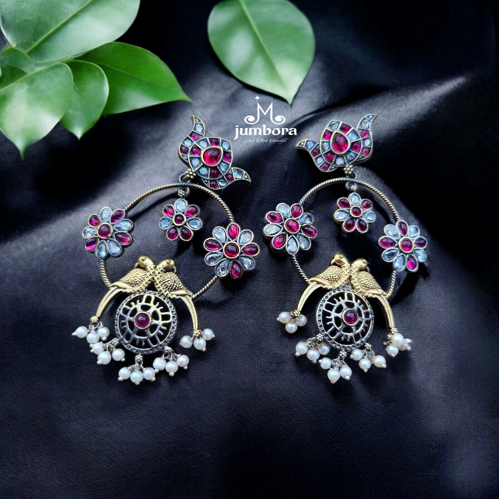 Peacock Kemp and White CZ Zircon Silver Look Alike (SLA) Dual Tone Oxidized German Silver Earring