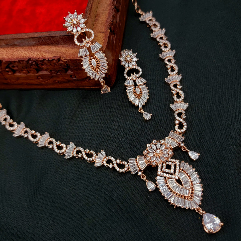 Contemporary Rose Gold White AD Zircon Necklace Set
