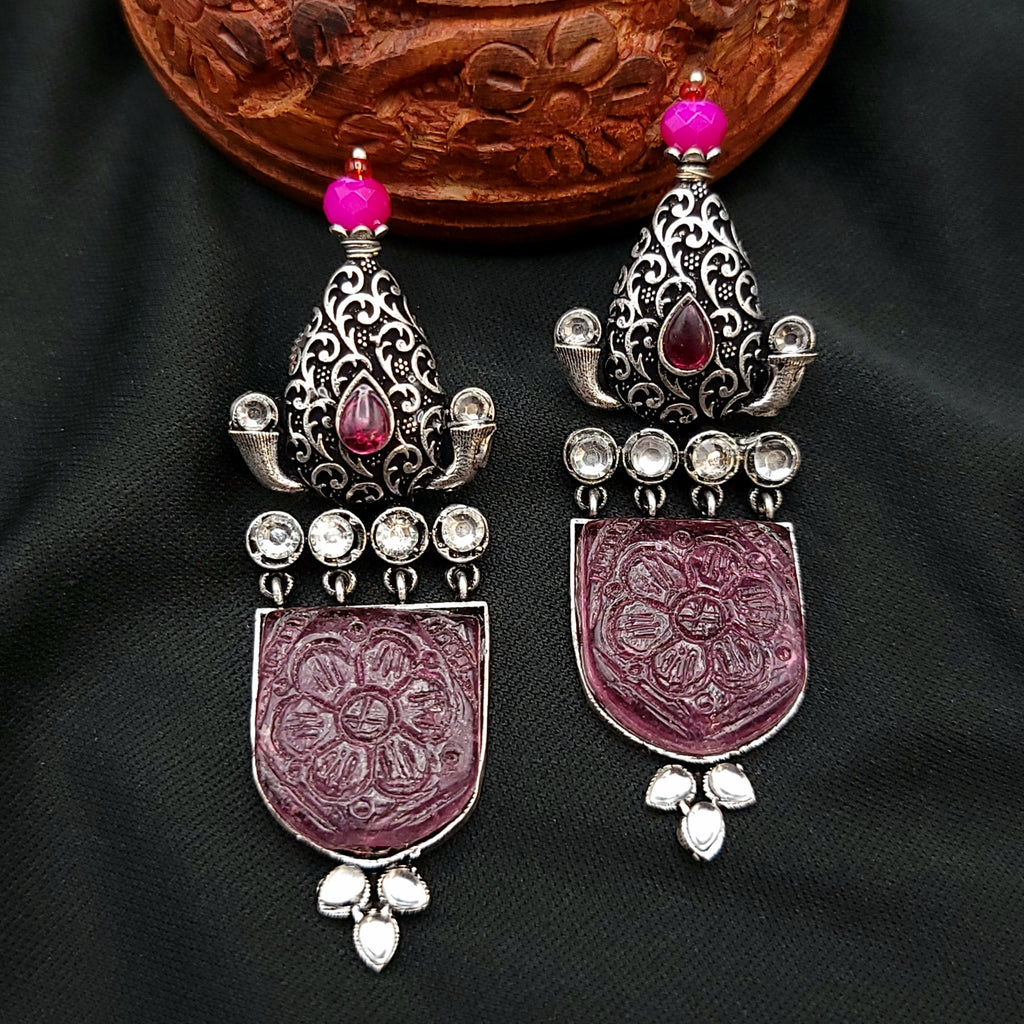 Carved Stone Oxidized German Silver Earrings