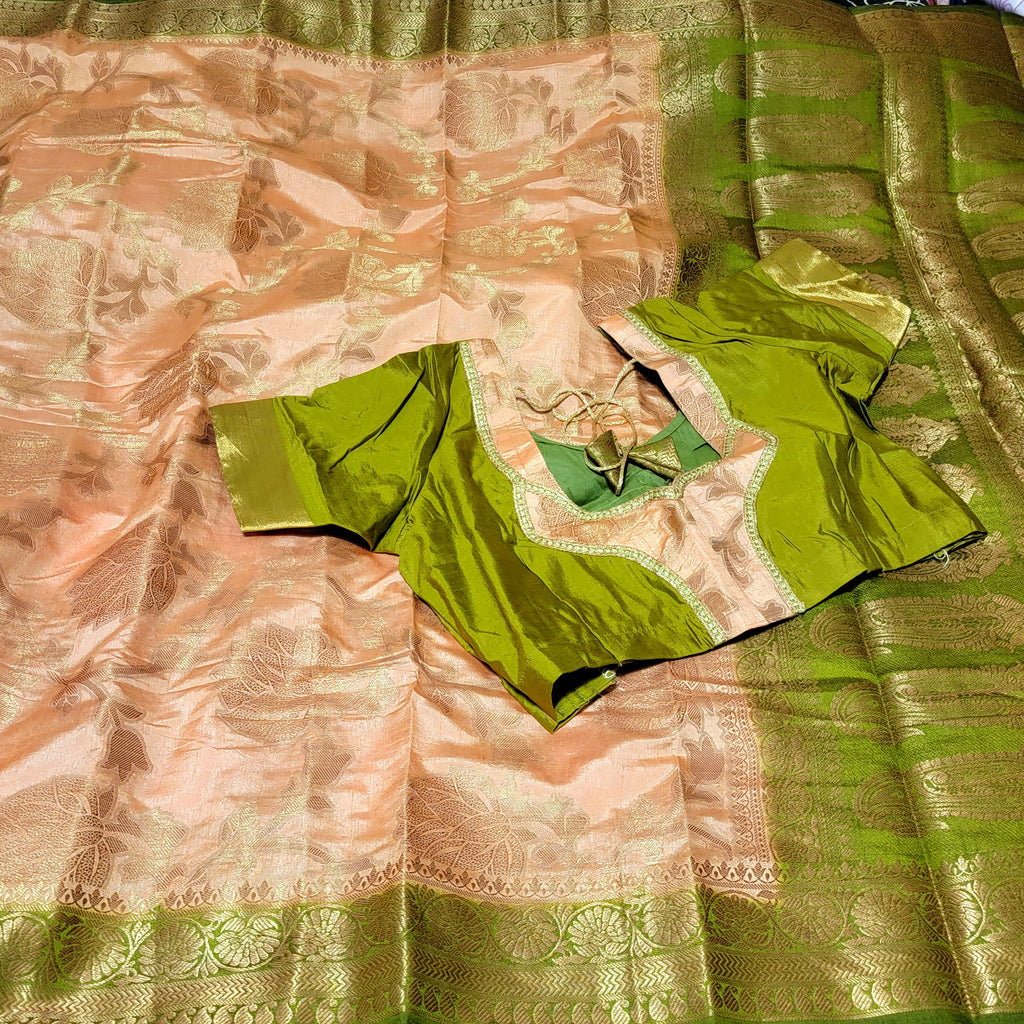 Golden Peach & Green Raw Silk Saree With Stitched Blouse