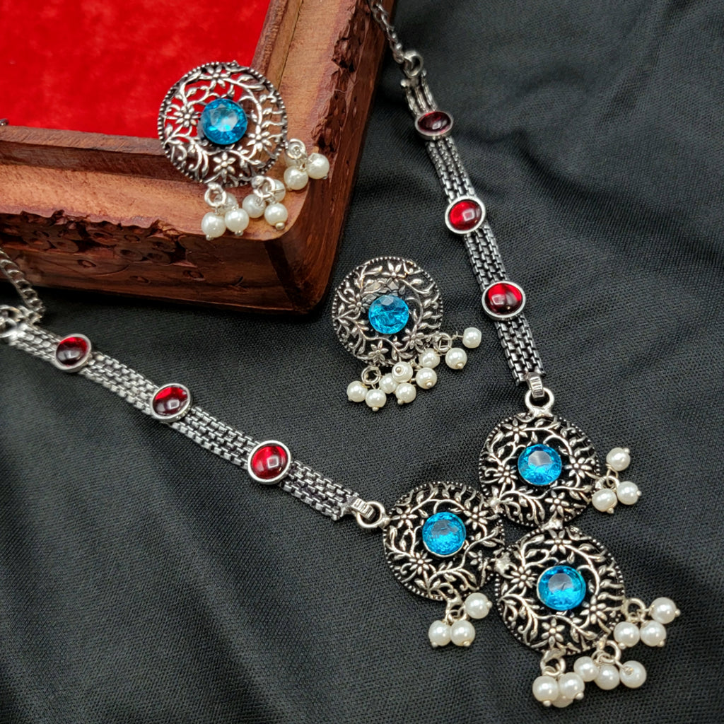 Oxidized Silver Light Blue and Kemp Red stone set