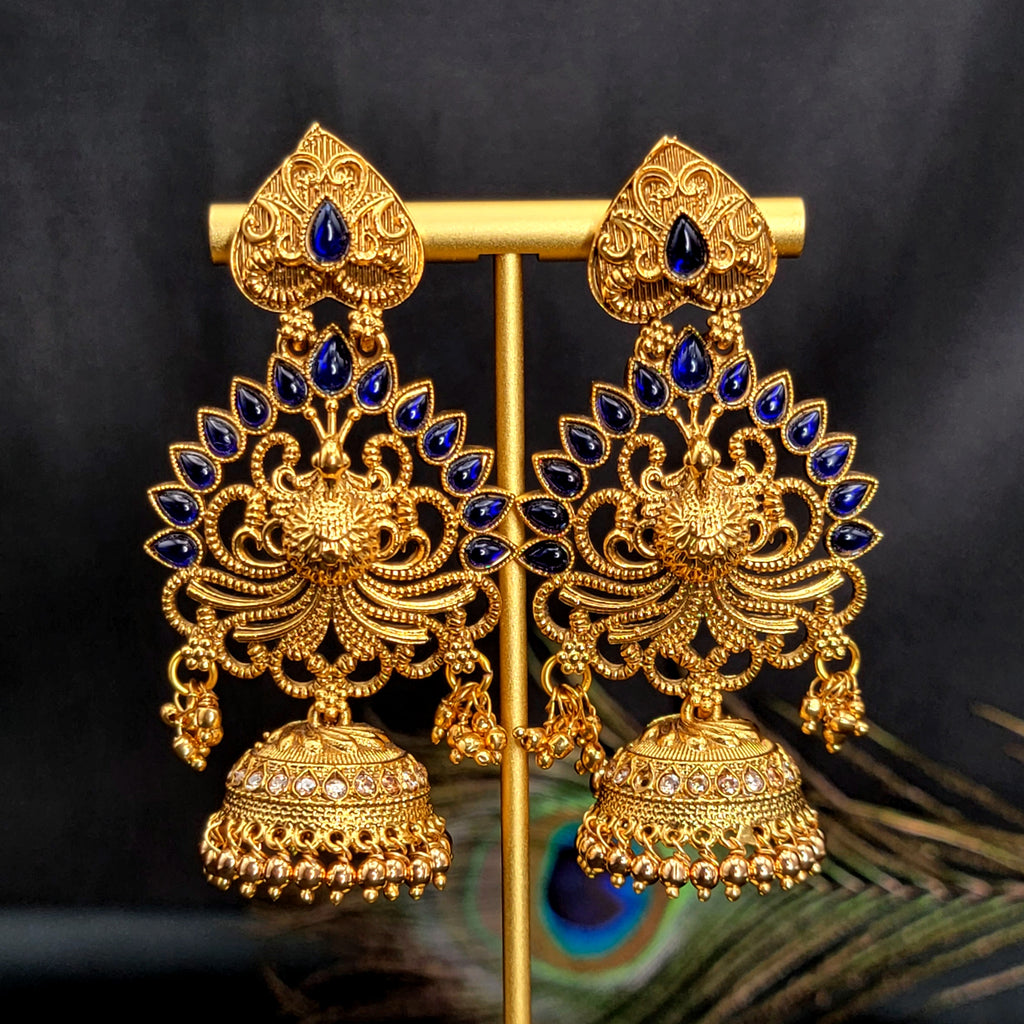 Peacock Jhumka Blue Kemp Earring