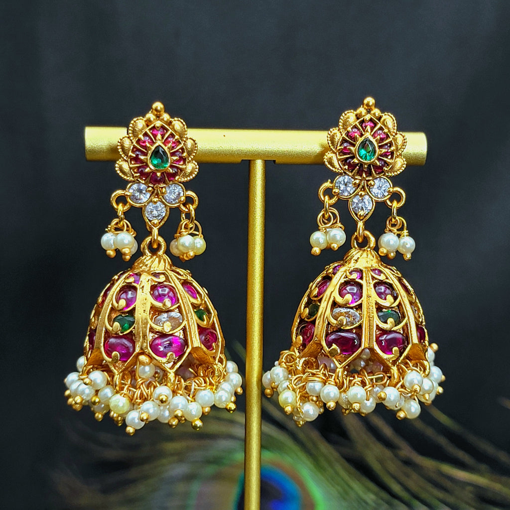 Traditional Red and Green Kemp Jhumka with Pearls