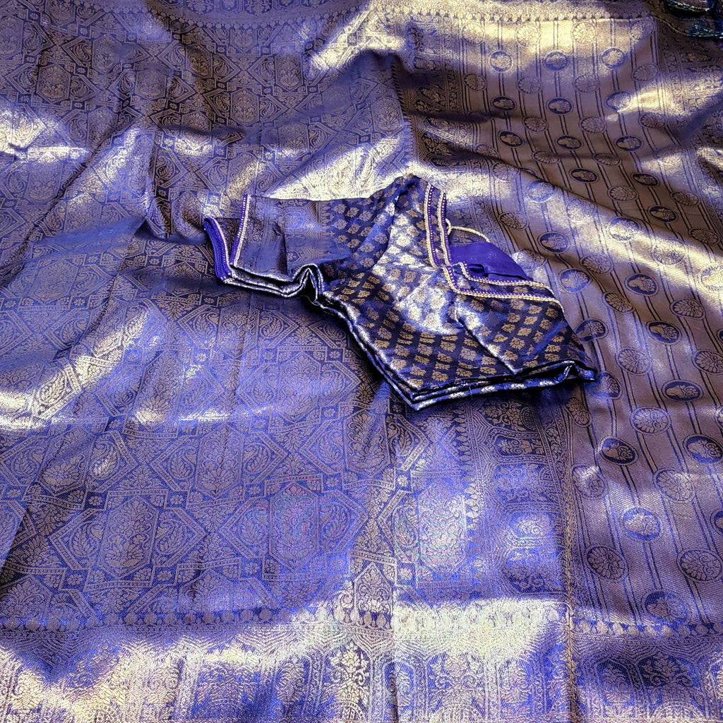 Dark Blue (Violet) soft Banarasi Silk Saree with stitched Blouse