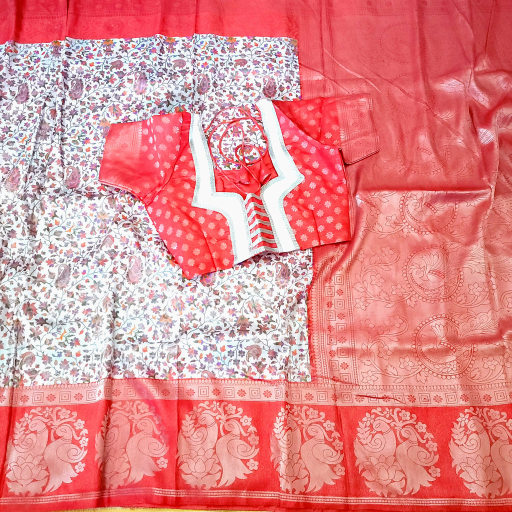 White Floral Banarasi semi Soft silk saree with Stitched Blouse