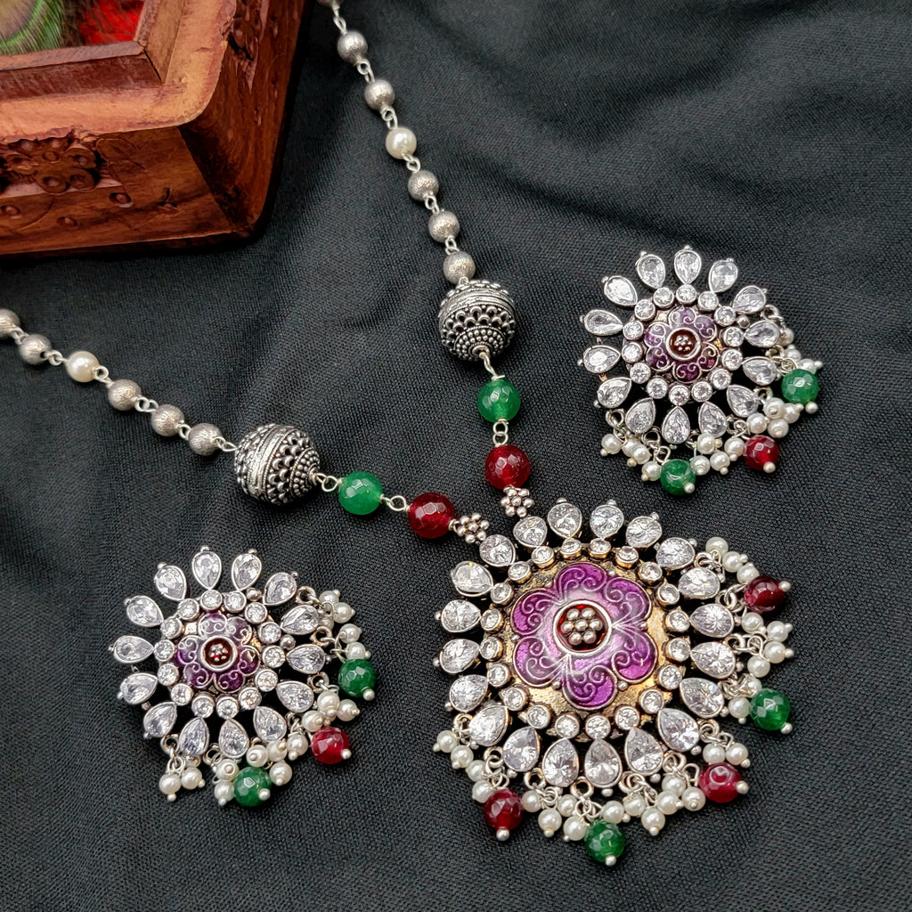 Pink Handpainted Meenakari Oxidized German Silver Necklace with Stud