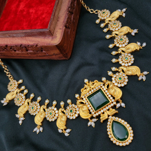 Emerald Green Statement AD Zircon Necklace set with Rice Pearls