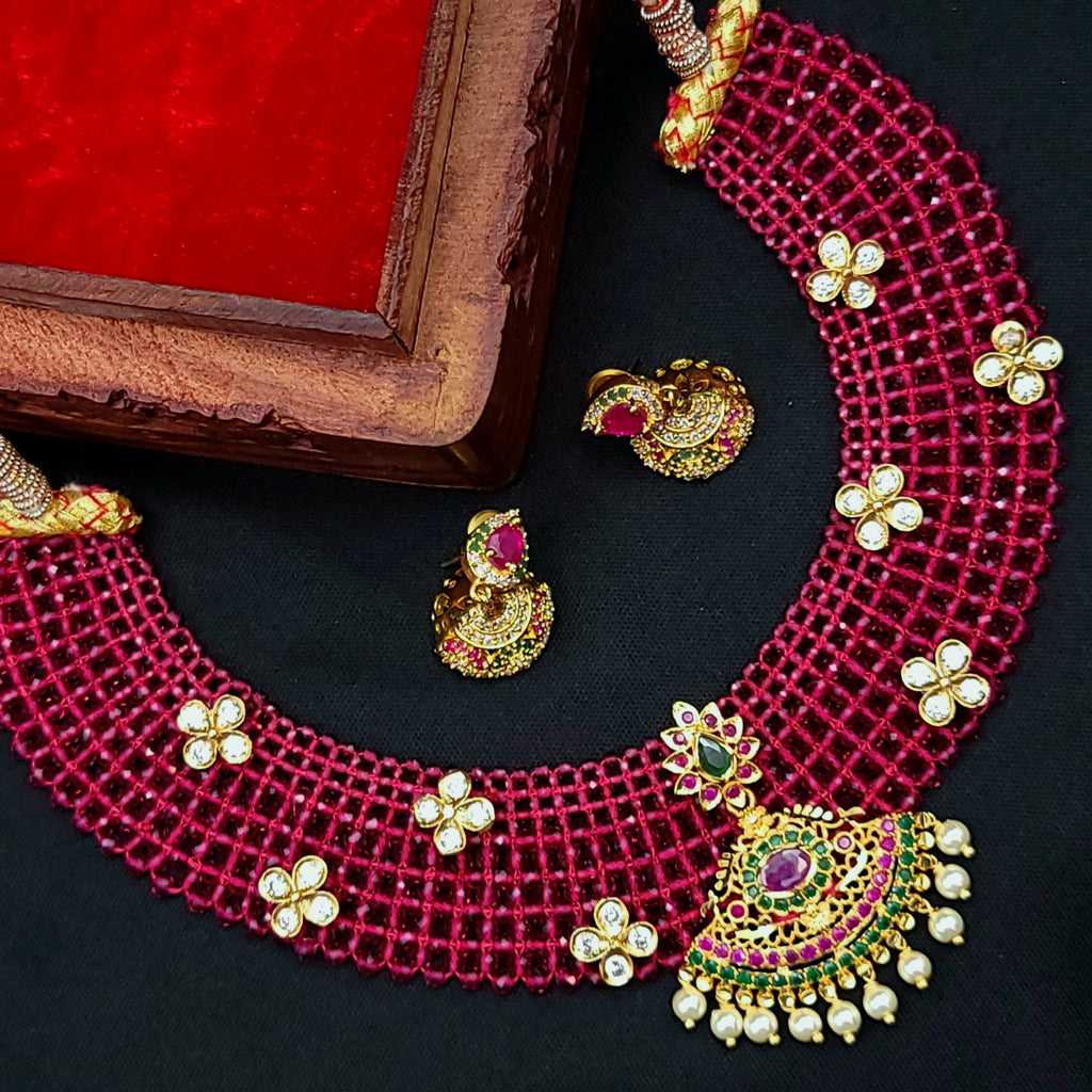 Ruby Red Crystal Hydrobeads Jaali Mesh Necklace set