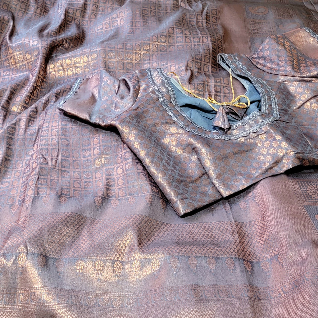 Grey Copper Zari soft Banarasi Silk Saree with stitched Blouse