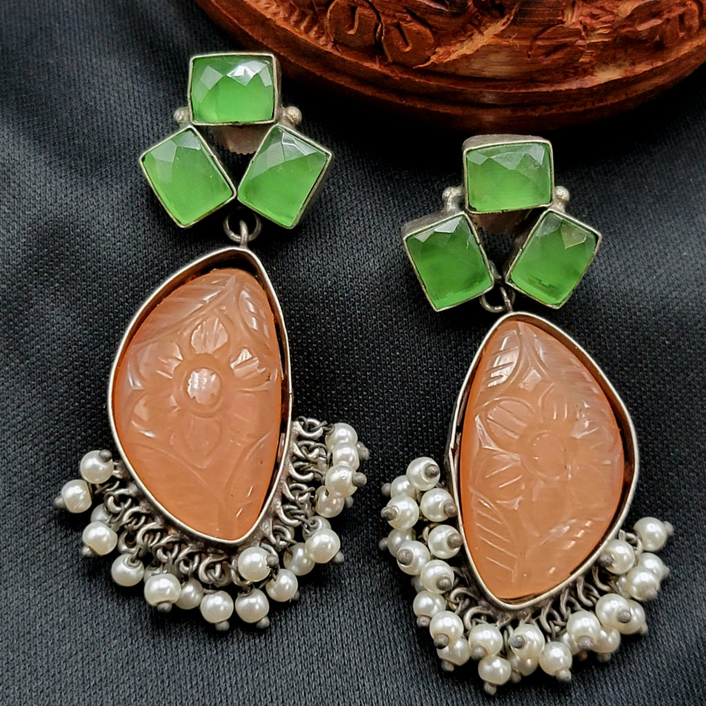 Green & Orange Carved Stone Oxidized German Silver Earrings