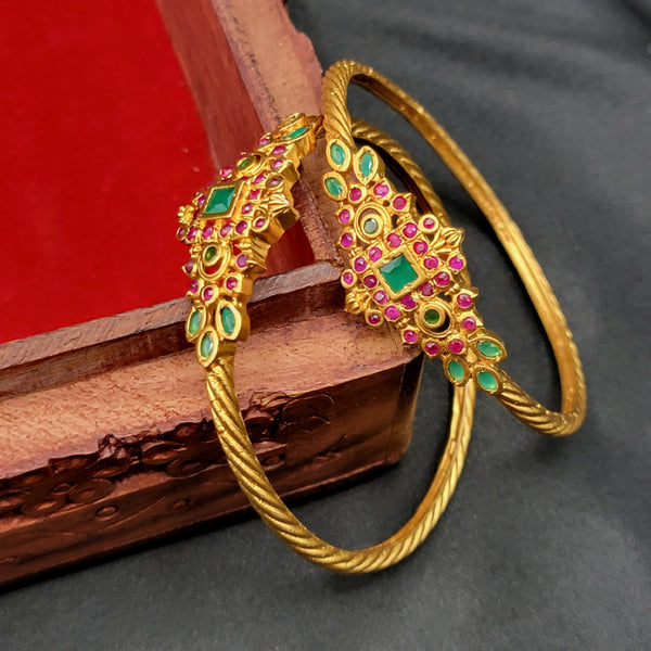Matte Antique Gold Kada Bangle with Ruby red and Green Stone