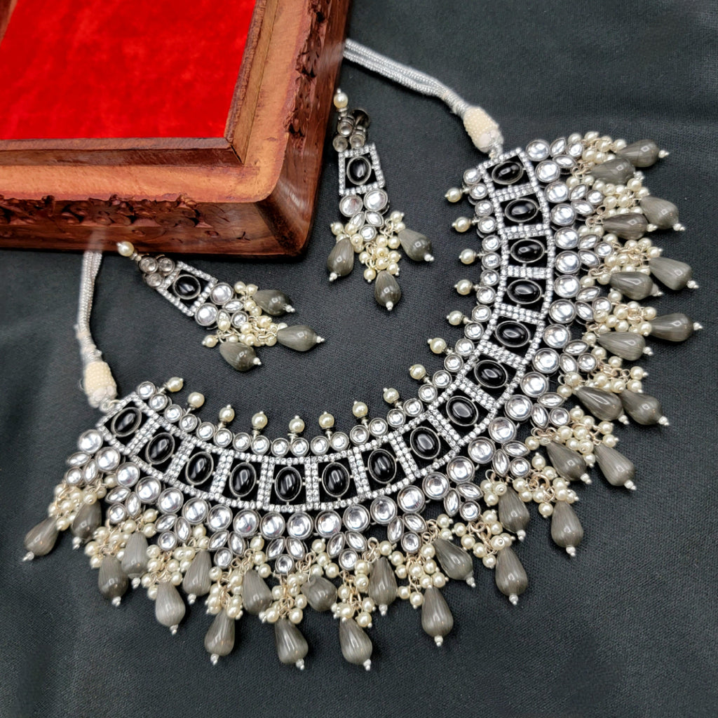 Victorian Kundan Monalisa Grey & Black AD Zircon Bridal Necklace