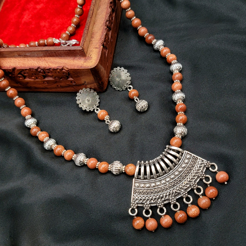 Handmade Sandstone Oxidized German Silver Beads Mala Necklace Set