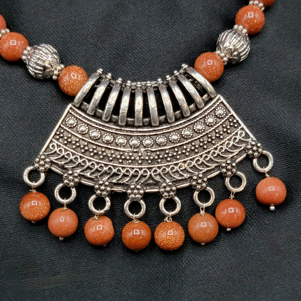 Handmade Sandstone Oxidized German Silver Beads Mala Necklace Set