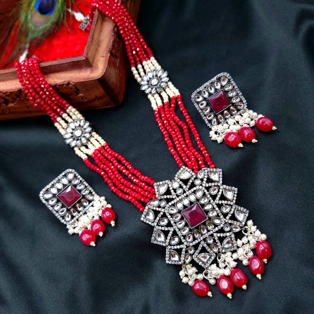 Handmade Victorian AD Kundan Red crystal beads Mala set