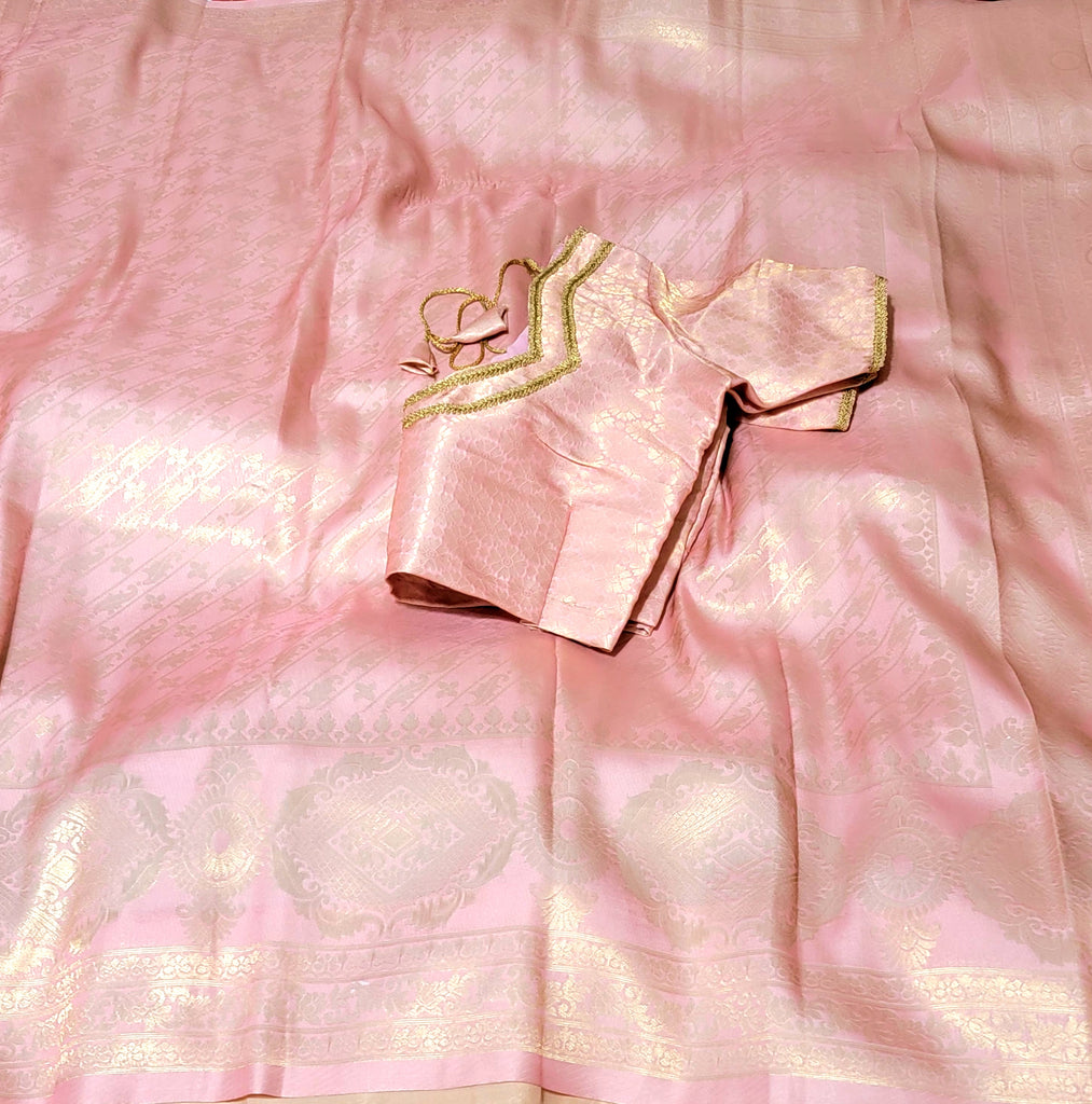 Pastel Pink Gold Zari soft Banarasi Silk Saree with stitched Blouse