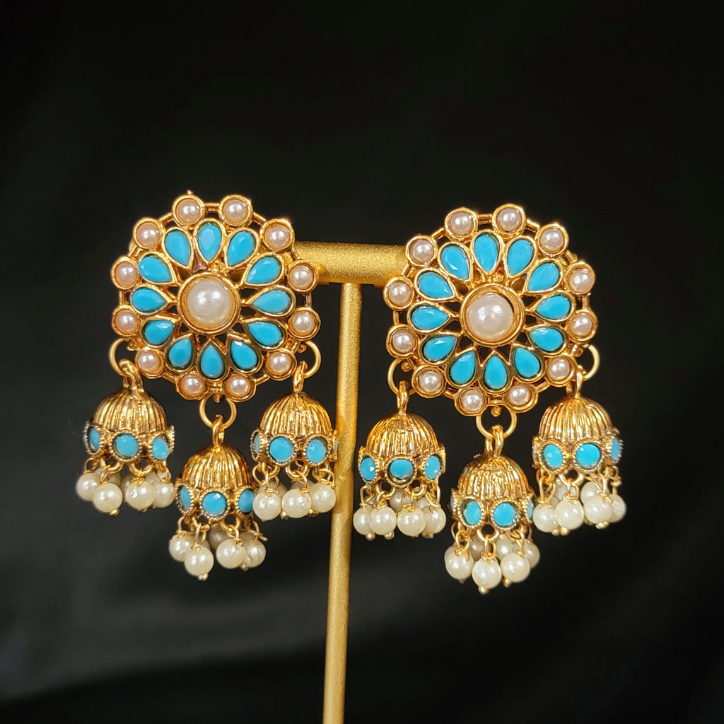 Turquoise Blue Stone Triple Jhumka Chaandbali Earring