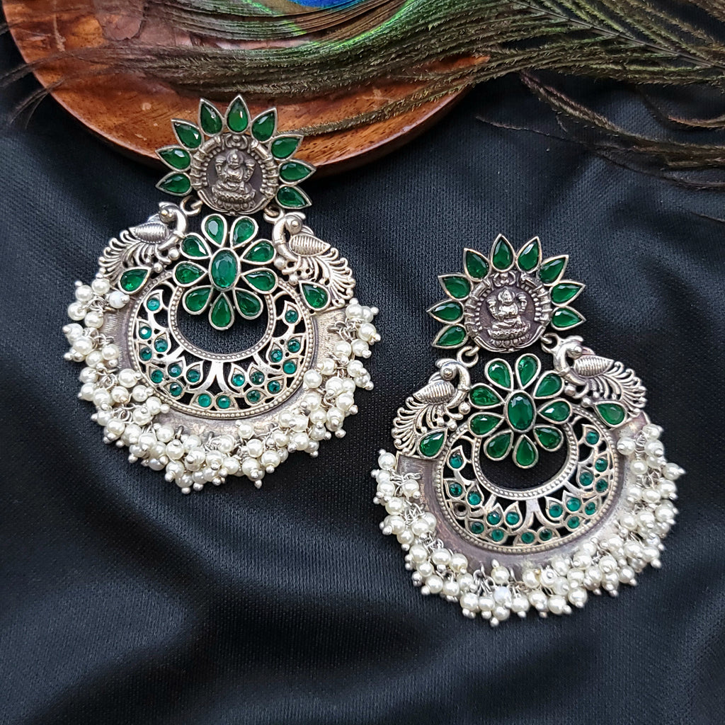 Lakshmi Green Oxidized German Silver Earring with Pearl dangles