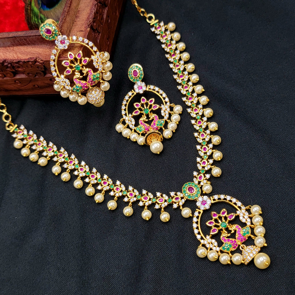Multicolor Peacock Zircon (CZ) Stone Necklace set with Pearls