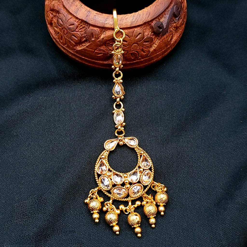 Bridal Antique Gold Maang Tikka with LCD Champagne AD stones