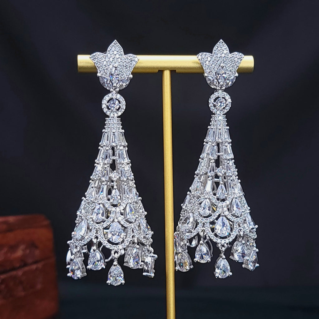 Statement Long White Gold AD Zircon (CZ) Jhumka Earring