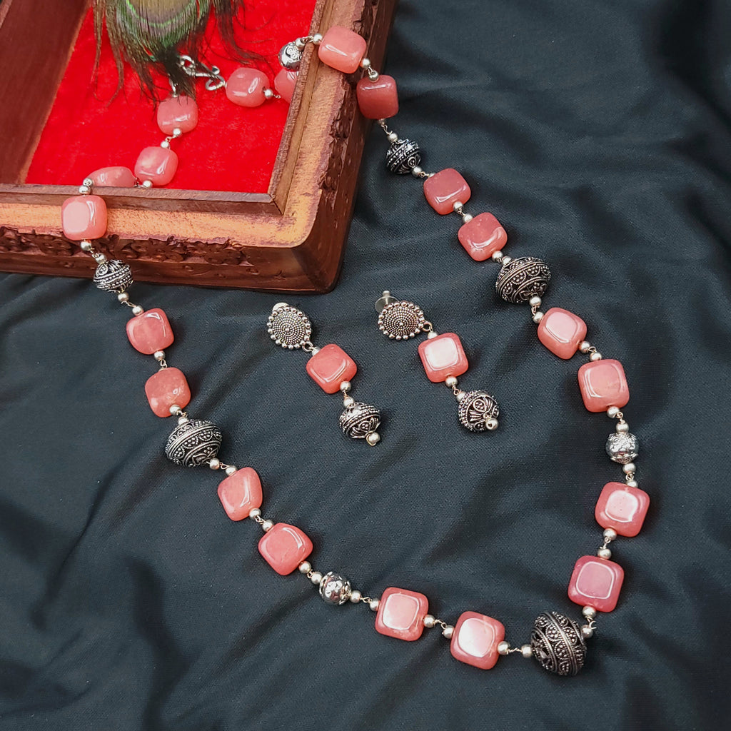 Handmade Agate Oxidized German Silver Beads Mala Necklace Set
