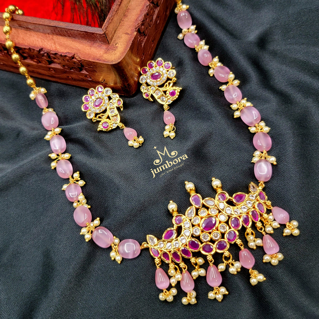 Monalisa Pink Beads Necklace with AD Pendant Set
