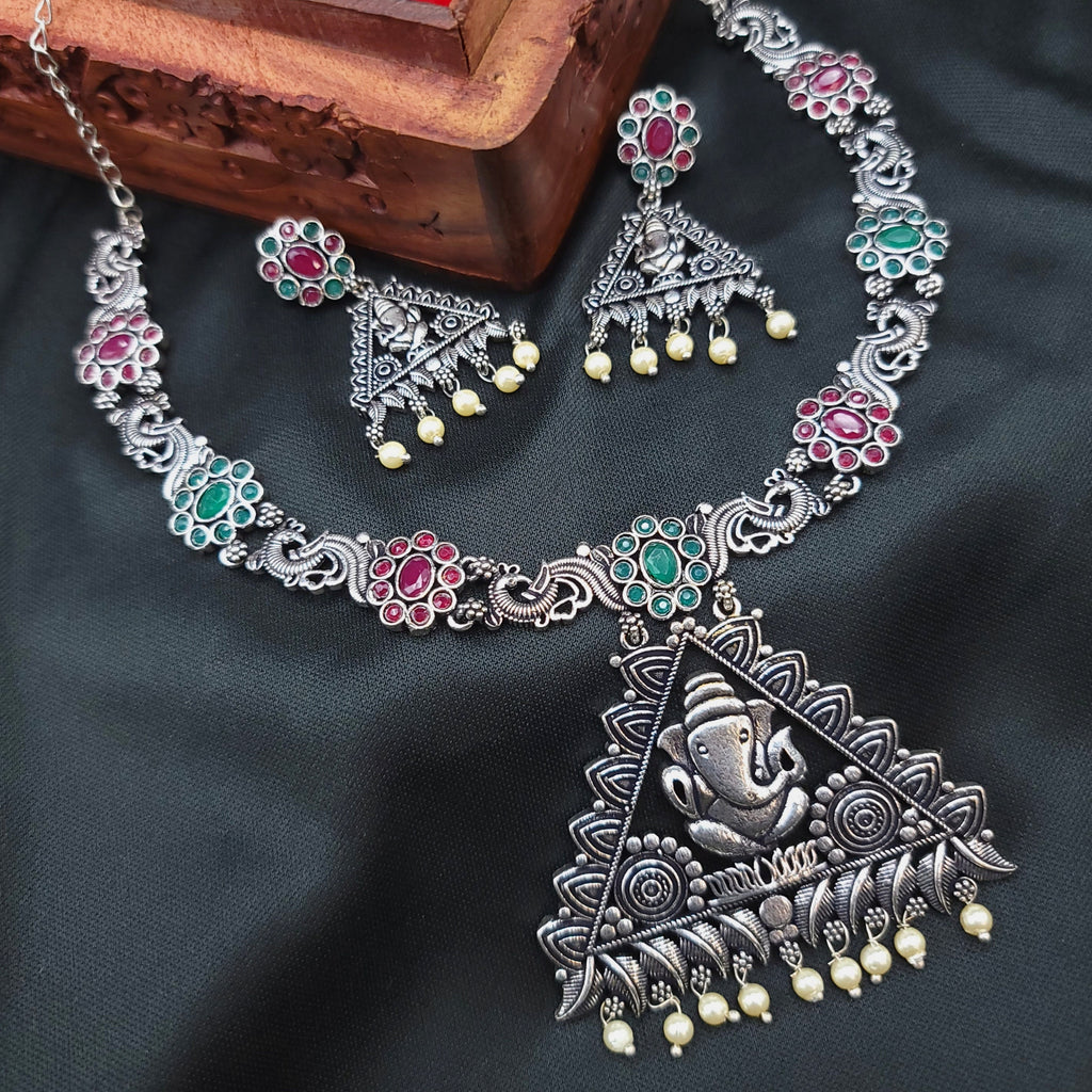 Ganesha Oxidized Silver Necklace Set