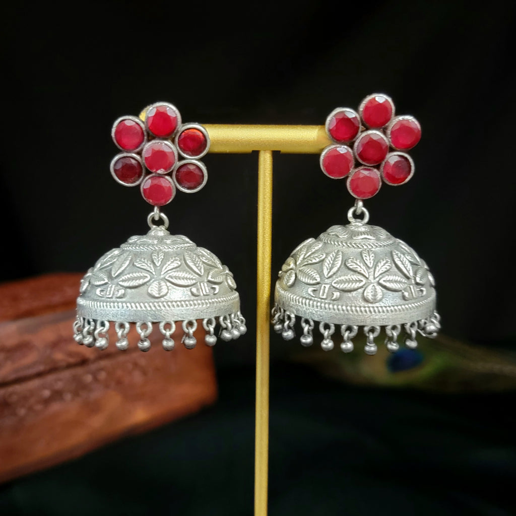 Ruby Red Silver Finish Big Size Oxidized (German) Silver Jhumka