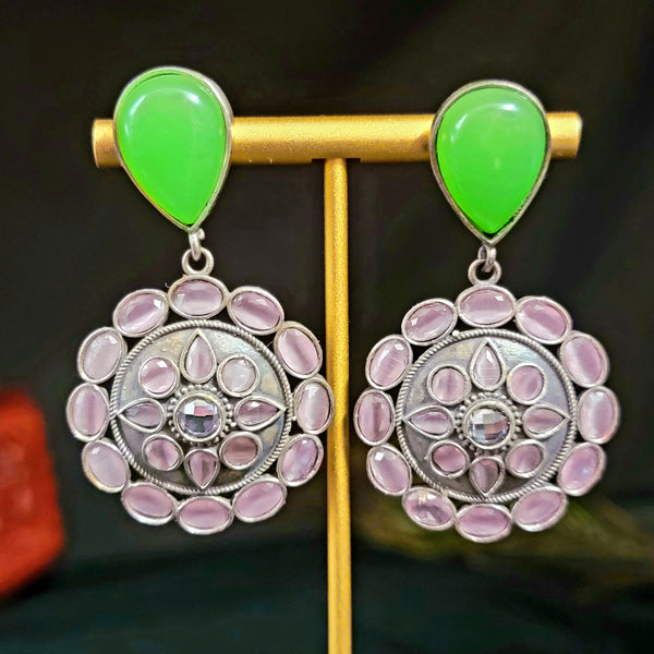 Green and Pastel Pink Stone Oxidized German Silver Earrings