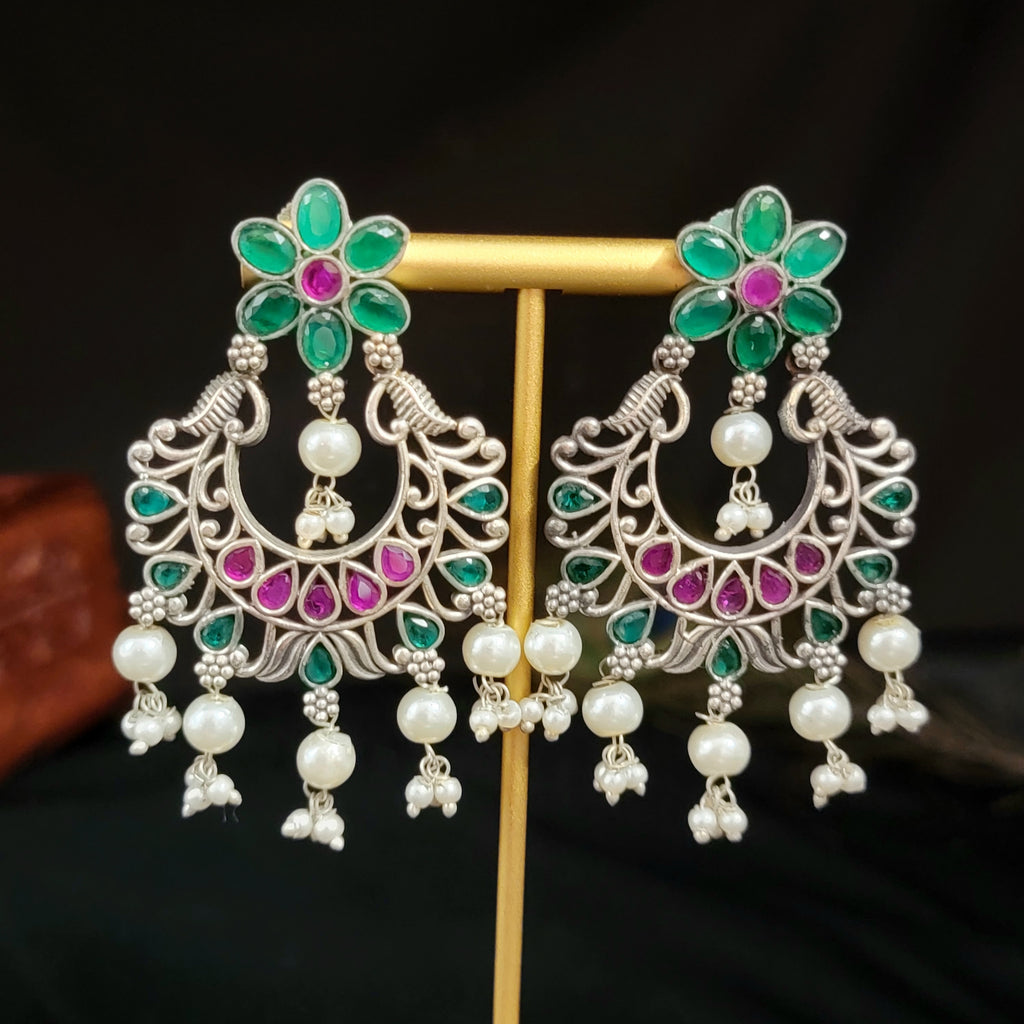Red & Green Oxidized German Silver Chand Bali Earring