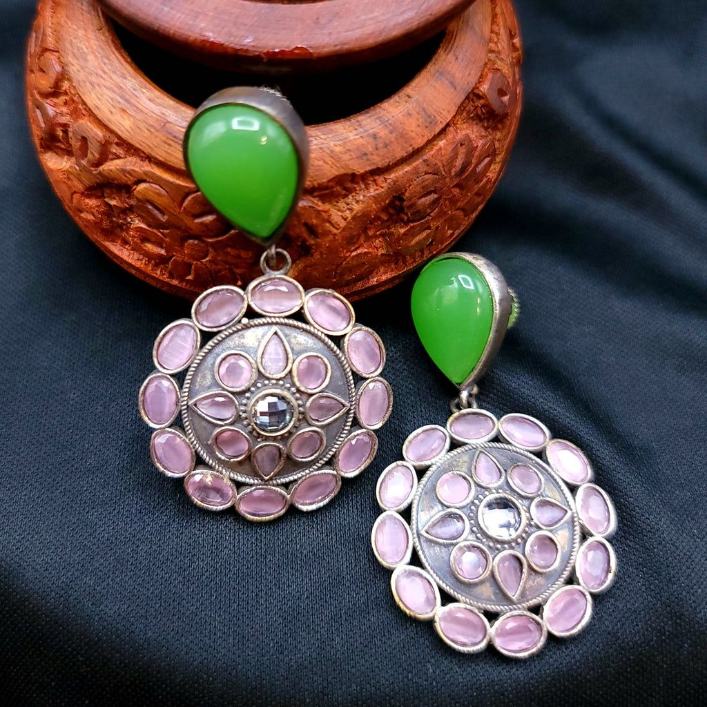 Green and Pastel Pink Stone Oxidized German Silver Earrings