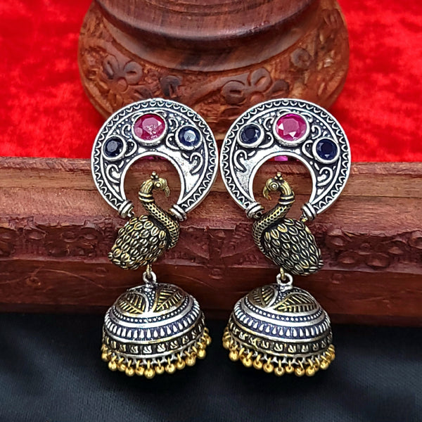Ruby red & Blue Peacock Oxidized German Silver Jhumka