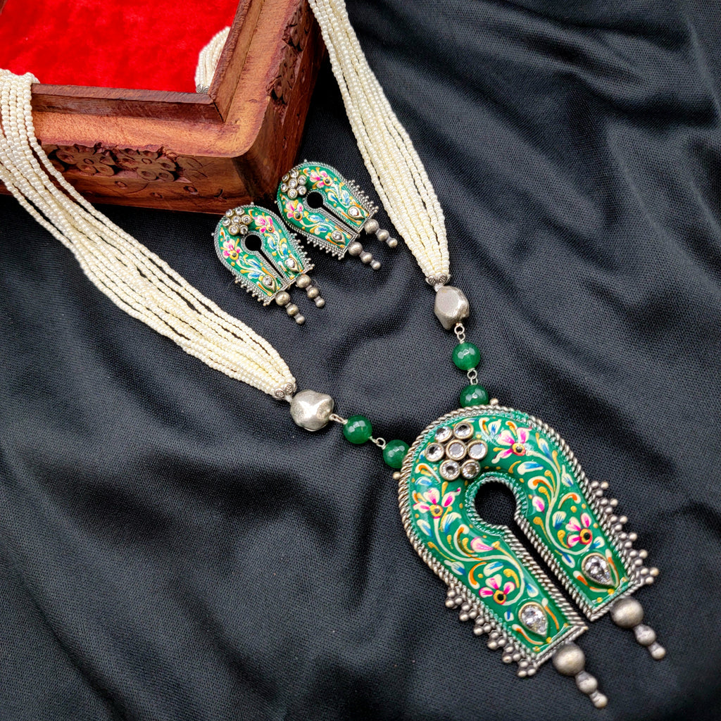 Green Handpainted Meenakari Oxidized German Silver Pearl Necklace Set