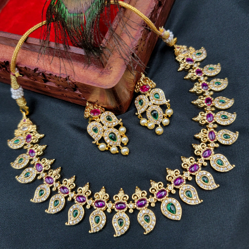 Elegant Traditional Mango AD Zircon Kemp Necklace Set