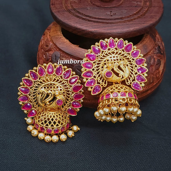 Antique Gold Ruby Red AD Peacock Jhumka Earring