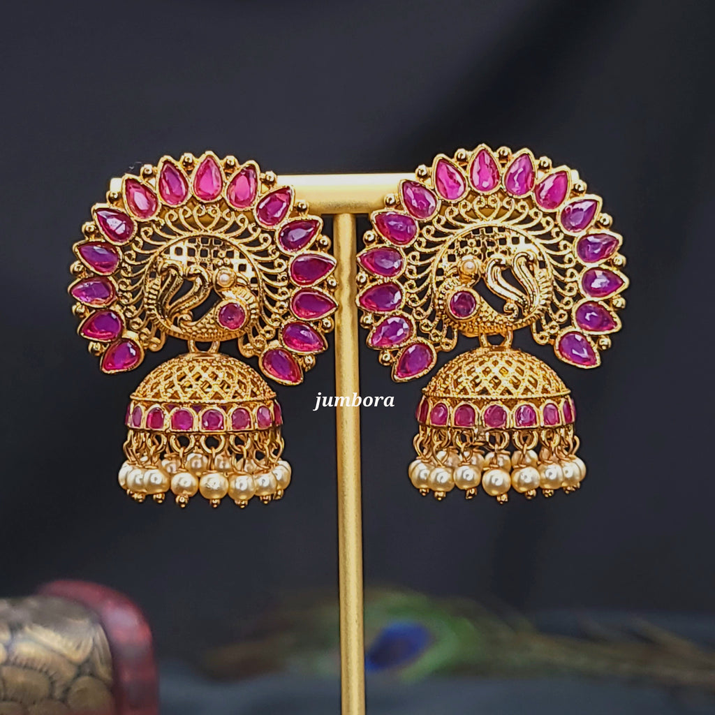Antique Gold Ruby Red AD Peacock Jhumka Earring