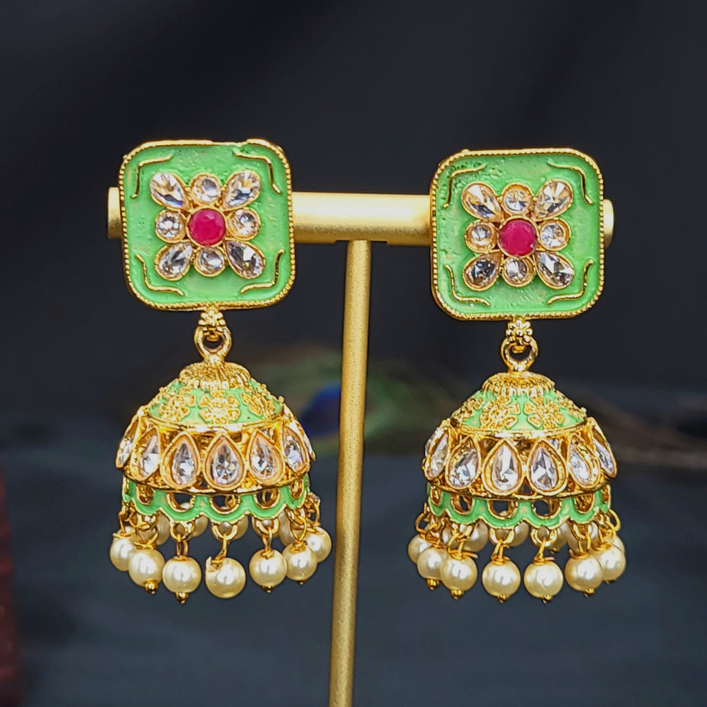 Mint Green Polki Hand-painted Meenakari Jhumka Earring