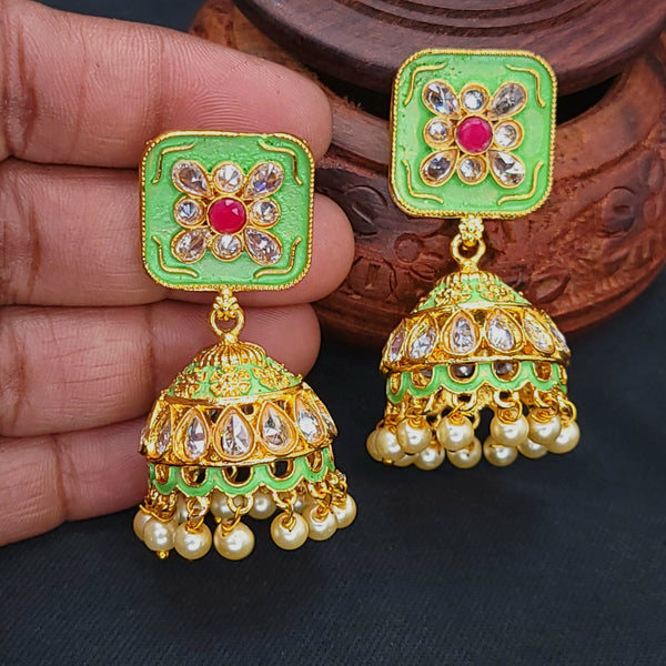Mint Green Polki Hand-painted Meenakari Jhumka Earring