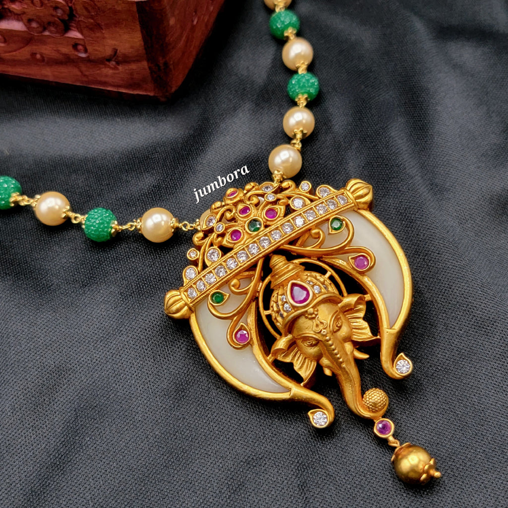 Handmade Ganesha Matte Gold Pearl Mala Necklace